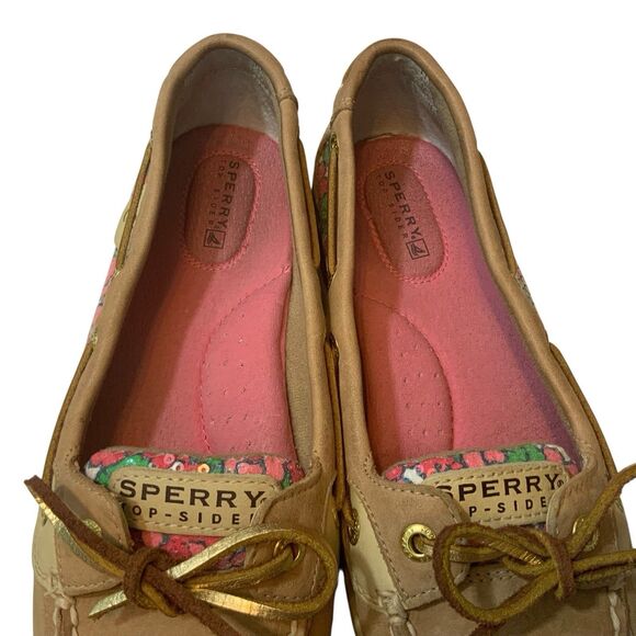 Sperry Top-Sider Angelfish Berry Floral Sequin Boat Shoes Tan Leather Size 7 - Picture 8 of 16